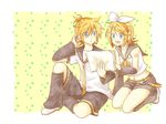  1girl bad_id bad_pixiv_id blonde_hair blue_eyes brother_and_sister hair_ornament hair_ribbon hairclip kagamine_len kagamine_rin ribbon ryou_(fallxalice) short_hair shorts siblings smile twins vocaloid 