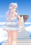  akai_yami animal_ears blue_eyes blush copyright_request day dress highres long_hair looking_back sky solo stairs 