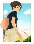  ass bad_id bad_pixiv_id bag bob_cut brown_eyes brown_hair cloud day from_below gake_no_ue_no_ponyo jas lisa_(ponyo) looking_back short_hair sky smile solo_focus sousuke_(ponyo) 