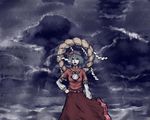  angry blue_hair cloud hair_ornament highres ichimi_tougarashi lightning mirror rope shide shimenawa solo storm touhou yasaka_kanako 