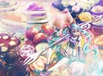  aqua_eyes aqua_hair cake checkerboard_cookie cookie cream food fork fruit hatsune_miku headphones headset ice_cream in_food long_hair midriff minigirl multicolored_hair navel pastry pink_hair project_diva project_diva_(series) shoes sitting skirt smile so-da solo strawberry twintails very_long_hair vocaloid white_hair 