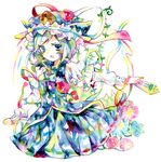  blue_eyes colorful flower green_hair hat legomaru rod_of_remorse shiki_eiki short_hair solo touhou traditional_media watercolor_(medium) 