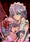  absurdres blood blue_eyes braid breasts demon_wings fang fangs glowing glowing_eyes grey_hair haimerejzero highres hug izayoi_sakuya lavender_hair looking_at_viewer looking_back maid medium_breasts multiple_girls open_clothes open_shirt red_eyes remilia_scarlet shirt slit_pupils smile touhou twin_braids vampire wings yuri 