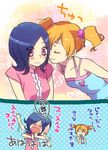  2koma @_@ blue_tank_top blush casual cheek_kiss closed_eyes comic fresh_precure! higashi_setsuna kasaki_takao kiss momozono_love multiple_girls precure surprise_kiss surprised translated yuri 