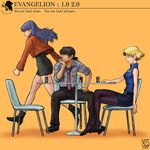  2girls akagi_ritsuko alcohol angry beer blonde_hair can ikeda_(cpt) kaji_ryouji katsuragi_misato md5_mismatch mole mole_under_eye multiple_girls neon_genesis_evangelion pantyhose pencil_skirt shoe_dangle sitting skirt yebisu 