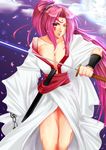  baiken breasts chain cherry_blossoms cleavage guilty_gear highres japanese_clothes katana kimono large_breasts legs long_hair one-eyed petals pink_eyes pink_hair ponytail riko_(kujira215) scar scar_across_eye solo sword tattoo weapon 