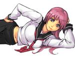  arm_support asamiya_athena bad_id bad_pixiv_id breasts hand_on_hip hand_on_own_head large_breasts long_hair lying midriff navel necktie on_side pink_hair purple_hair school_uniform serafuku simple_background skirt smile solo the_king_of_fighters yellow_eyes yuuji_(and) 