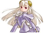  blonde_hair bow bowtie capcom_fighting_jam hairpods ingrid kita_senri long_hair long_sleeves looking_at_viewer non-web_source simple_background solo uniform upper_body very_long_hair white_background white_bow white_hair white_neckwear 