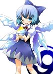  1girl blue_eyes blue_hair bow cirno duplicate hermmy ice one_eye_closed pee peeing shaved_ice short_hair solo touhou wings yellow_snow 