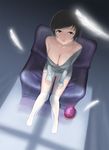  akai_yami black_hair breasts cleavage copyright_request feathers highres large_breasts long_legs short_hair sitting solo 