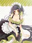  arm_support bad_id bad_pixiv_id blush bow breasts brown_eyes checkered checkered_background cleavage cowboy_shot dress green green_bow heart huge_breasts long_hair maid original purple_hair smile solo thighhighs very_long_hair white_legwear yellow_eyes yu_(bkks) 