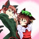  :p animal_ears bad_id bad_pixiv_id braid brown_hair cat_ears cat_tail chen earrings hair_ribbon hat highres jewelry kaenbyou_rin kurenaiha multiple_girls multiple_tails red_eyes red_hair ribbon short_hair tail tongue tongue_out touhou twin_braids twintails 