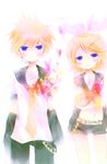  1girl absurdres blonde_hair blue_eyes brother_and_sister detached_sleeves hair_ornament hair_ribbon hairclip headphones heart highres kagamine_len kagamine_rin midriff necktie ribbon sailor_collar shimeko short_hair shorts siblings smile twins vocaloid 