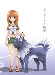  blue_eyes brown_eyes brown_hair casual dog hair_ornament hairclip kouno_hikaru leash lyrical_nanoha mahou_shoujo_lyrical_nanoha mahou_shoujo_lyrical_nanoha_a's midriff navel sandals short_hair shorts solo translated yagami_hayate zafira 