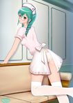  akai_yami ass copyright_request glasses green_hair highres long_legs looking_back nurse panties solo thighhighs underwear yellow_eyes 