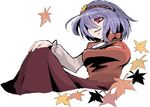  :d autumn_leaves breasts dress falling_leaves frilled_sleeves frills hair_over_one_eye hairband hand_on_own_knee himuro_(dobu_no_hotori) knee_up leaf long_sleeves looking_at_viewer medium_breasts open_mouth pink_eyes purple_hair red_dress red_eyes short_hair simple_background smile solo touhou white_background yasaka_kanako 
