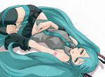  aqua_eyes aqua_hair detached_sleeves hatsune_miku long_hair lying necktie on_back panties panty_pull simple_background solo thighhighs twintails underwear very_long_hair vocaloid yoshi_92 