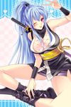  :p bad_id bad_pixiv_id blue_hair blush breasts cleavage fishnets japanese_clothes large_breasts ninja one_eye_closed original ponytail purple_eyes sitting solo sword tongue tongue_out v weapon yu_(bkks) 