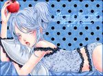  apple blue_hair camisole character_name copyright_name d-artemisatto floral_print food fruit looking_at_viewer lying on_stomach open_mouth panties pillow pink_eyes romeo_to_cinderella_(vocaloid) sasayaki_nunnoru short_hair solo strap_slip underwear underwear_only utau vocaloid 