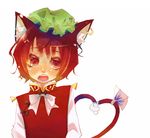  animal_ears brown_hair cat_ears cat_tail chen earrings face hat hato_haru heart heart_tail jewelry multiple_tails red_eyes short_hair solo tail touhou 