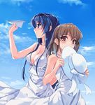  bad_id bad_pixiv_id blue_eyes blue_hair breasts brown_eyes brown_hair cleavage day dress hat highres koga_sayoko large_breasts multiple_girls paper_airplane sazanami_(artist) sky suiheisen_made_nan_mile? sundress tsuyazaki_kokage white_dress 