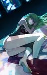  boots bra breasts c.c. church cleavage code_geass glowing glowing_eyes green_hair high_heels legs lingerie lips long_hair lying medium_breasts on_side open_clothes open_shirt pale_skin pyon-kichi shirt shoes solo thigh_boots thighhighs thighs underwear yellow_eyes 