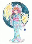  blue_eyes hat highres japanese_clothes kimono pink_hair saigyouji_yuyuko short_hair shoukimaru solo touhou traditional_media watercolor_(medium) 