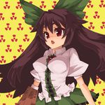  arm_cannon black_hair bow breasts eyes green_bow hair_bow impossible_clothes impossible_shirt ke-su large_breasts long_hair open_mouth radiation_symbol red_eyes reiuji_utsuho shirt solo touhou very_long_hair weapon 