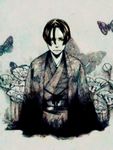  bad_id bad_pixiv_id bug commentary_request flower insect japanese_clothes kajiwara_shikaji male_focus monochrome moth original solo 