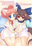  animal_ears blue_eyes blush bow brown_hair cat_ears cat_tail collar dog_ears dog_tail fang hair_bow kannagi_cocoa multiple_girls original red_eyes red_hair ribbon tail toba_hiyoko wrist_cuffs 