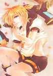  aqua_eyes blonde_hair blue_eyes candy floor food from_above kagamine_len lying male_focus mukkun necktie on_side sailor_collar shorts smile solo tattoo vocaloid 