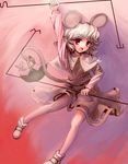  animal_ears arm_up basket capelet dowsing_rod grey_hair highres ikamagu jewelry looking_at_viewer mouse mouse_ears mouse_tail nazrin no_nose open_mouth pendant red_eyes short_hair skirt skirt_set smile solo tail touhou 