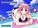  all_fours bikini breasts chair cleavage cloud day dutch_angle english head_tilt large_breasts long_hair looking_at_viewer lounge_chair original outdoors parasol parted_lips pink_hair pool poolside purple_eyes side-tie_bikini sky solo_focus swimsuit tessai towel umbrella water_slide 