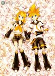  1girl anoringo bad_id bad_pixiv_id belt blonde_hair blue_eyes bow bowtie brother_and_sister detached_sleeves engrish hair_ornament headphones highres holding_hands kagamine_len kagamine_rin legs lying microphone music ranguage ribbon sailor_collar siblings twins vocaloid 