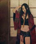  bad_id bad_pixiv_id black_hair chemise japanese_clothes jewelry katana kimono lips long_hair midriff navel necklace necktie open_clothes open_robe original robe short_shorts shorts solo star sumishuu sword tattoo weapon 