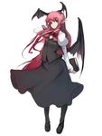  bad_id bad_pixiv_id bat_wings book bow bowtie hand_in_hair head_wings kasa koakuma long_hair pantyhose pointy_ears red_eyes red_hair simple_background smile solo standing touhou wings 
