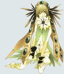  bad_id bad_pixiv_id barefoot blue_eyes copyright_request feathers hair_ornament kneeling navel solo sugi 