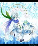  aji_(coastal_area) blue_hair chibi flower hierophant_green highres jojo_no_kimyou_na_bouken kakyouin_noriaki lily_of_the_valley long_coat male_focus multiple_boys scarf snowflake_print snowflakes snowman white_hair winter 