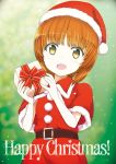  1girl alternate_costume bangs belt black_belt blurry blurry_background brown_eyes brown_hair capelet commentary_request dress english_text eyebrows_visible_through_hair gift girls_und_panzer hat head_tilt holding holding_gift light_blush looking_at_viewer merry_christmas nishizumi_miho open_mouth red_capelet red_dress red_hat santa_costume santa_hat shibagami short_hair smile snow solo upper_body 