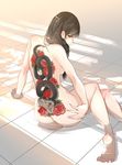  arm_support ass ass_grab back back_tattoo barefoot black_eyes black_hair braid breasts brown_hair character_request convenient_arm flower grabbing_own_ass hair_over_shoulder long_hair looking_back medium_breasts nude partially_submerged rose sideboob single_braid sitting snake solo tattoo tsukino_wagamo water 