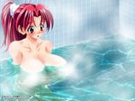 1girl artist_request blush breasts censored convenient_censoring eiken huge_breasts long_hair navel nude partially_submerged ponytail red_eyes red_hair shinonome_chiharu steam steam_censor water wet 