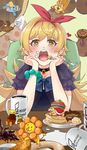  bad_id bad_pixiv_id blonde_hair blue_bow blue_neckwear bow bowtie bracelet choker collarbone cup doughnut drooling food food_on_face fork highres jewelry long_hair milk mister_donut monogatari_(series) mug open_mouth oshino_shinobu pearl_bracelet pointy_ears pon_de_lion round_teeth shirt simple_background sitting smiley_face solo spilled_milk t-shirt table teeth toy tsukimonogatari yamazaki_runa yellow_eyes 