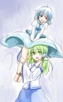  blue_hair blush bound detached_sleeves flying_sweatdrops green_eyes green_hair heterochromia highres juliet_sleeves karakasa_obake kochiya_sanae long_sleeves multiple_girls mundane_utility open_mouth pirorun puffy_sleeves rain shirt skirt skirt_set tatara_kogasa tied_up too_literal touhou umbrella under_skirt v_arms vest wavy_mouth wide_sleeves 