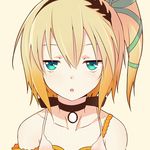  aqua_eyes black_choker blonde_hair choker collarbone deta-mxproject edna_(tales) expressionless face hair_ribbon hairband jitome lowres ribbon short_hair side_ponytail solo tales_of_(series) tales_of_zestiria tress_ribbon yellow_background 