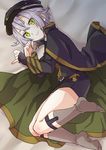  belt cape green_eyes hair_flaps hat hotarumaru looking_at_viewer lying male_focus memeo_(candy_house) military military_uniform no_shoes on_side shorts silver_hair smile sock_garters socks solo touken_ranbu uniform 