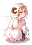  animal_costume artist_name bad_id bad_pixiv_id bell blonde_hair blush character_name copyright_name horns instocklee male_focus necktie noragami pout sheep_costume sheep_horns simple_background sitting solo white_background yellow_eyes yukine_(noragami) 