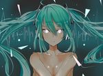  bangs breasts covering covering_breasts expressionless glowing glowing_eyes green_hair hatsune_miku headphones long_hair medium_breasts siraele solo twintails very_long_hair vocaloid 