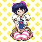  blue_hair bow brown_eyes crossover full_body ghost hair_ribbon looking_at_viewer lowres necktie open_mouth pink_bow purple_lips ranma_1/2 ribbon short_hair shorts simple_background solo striped striped_legwear tablet_pc tendou_akane thighhighs wanta_(futoshi) whisper_(youkai_watch) youkai youkai_pad youkai_watch 