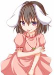  animal_ears brown_hair bunny_ears carrot carrot_necklace dress inaba_tewi jewelry kue necklace pendant pink_dress puffy_short_sleeves puffy_sleeves red_eyes short_sleeves smile solo tongue tongue_out touhou 