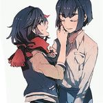  alternate_hair_length alternate_hairstyle black_hair casual closed_eyes eyebrows hand_on_another's_cheek hand_on_another's_face hatutaro kill_la_kill kiryuuin_satsuki matoi_ryuuko multiple_girls scarf shirt short_hair spoilers thick_eyebrows 